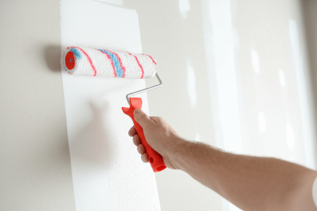 Worker painting finished drywall