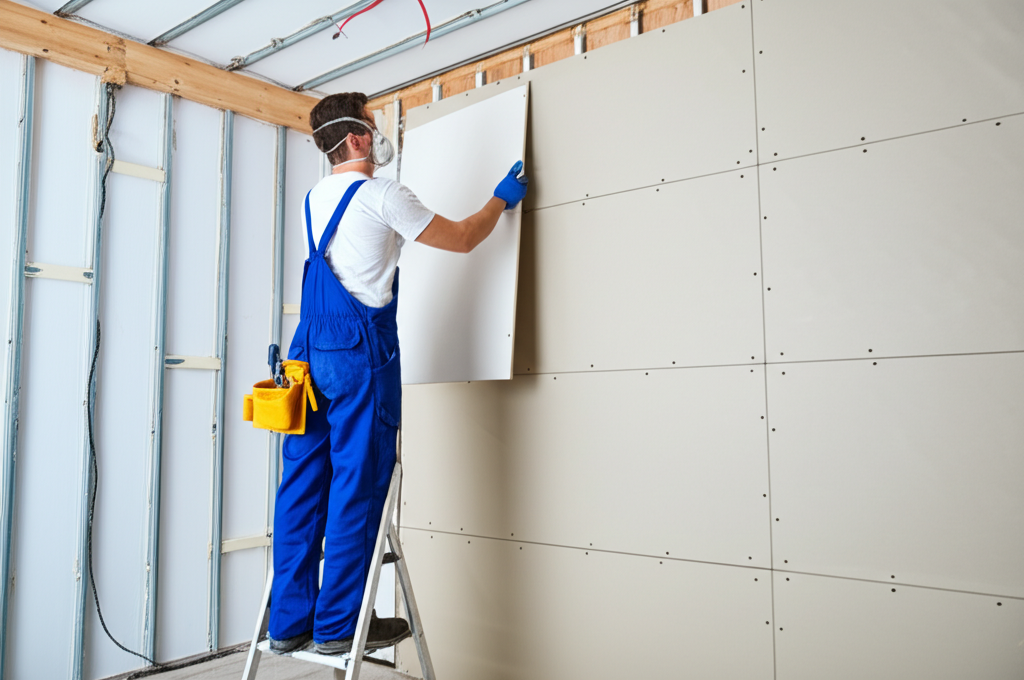 Professional installing new drywall