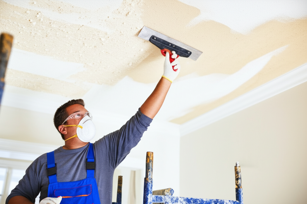 Worker removing popcorn ceiling