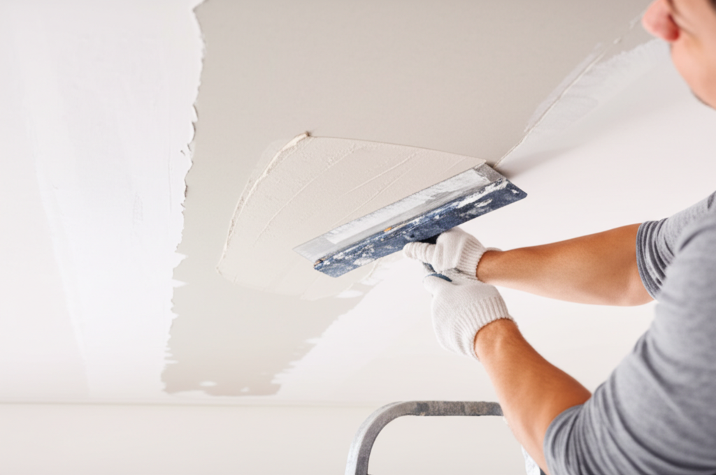 Worker repairing ceiling